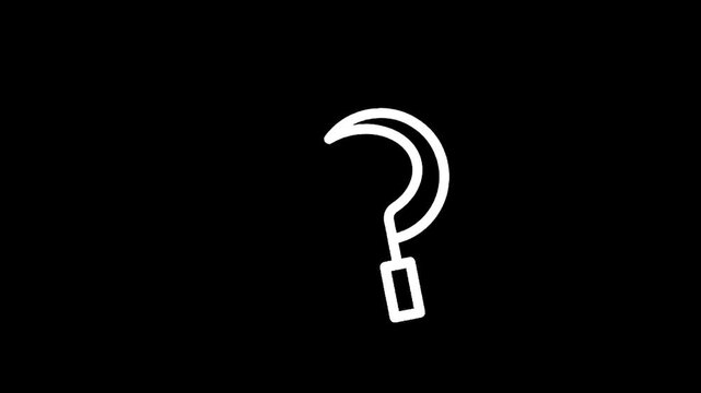 Simple white sickle icon on a black background, representing agriculture or harvest