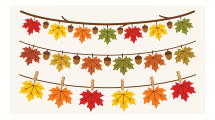 Autumn maple leaf and acorn garland vector set, fall season decorative banner collection, vibrant red, orange, yellow, green foliage, rustic Thanksgiving holiday design elements © Ambreen