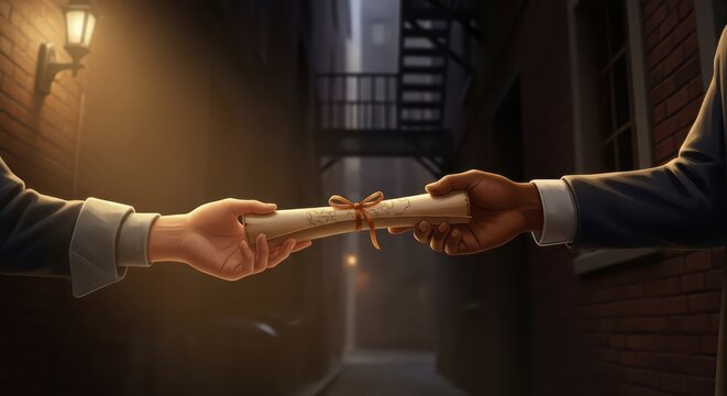 Secretly passing a rolled document in a dimly lit alleyway at night, representing conspiracy, hidden information, or a clandestine exchange.