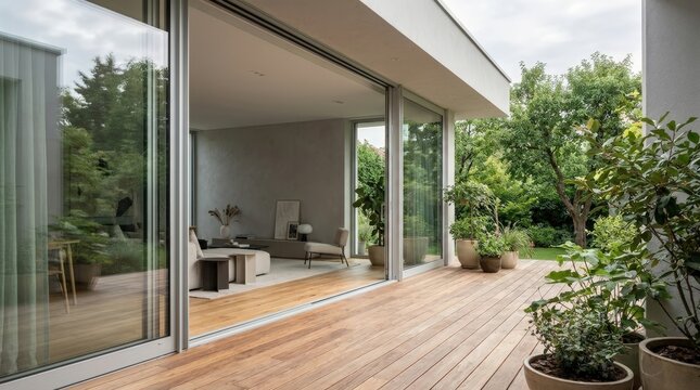 Modern house with large glass doors opening to a wooden deck and garden.
