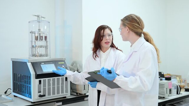 Young scientists conducting research investigations in a medical laboratory, a researcher in the foreground is using a microscope in laboratory for medicine.