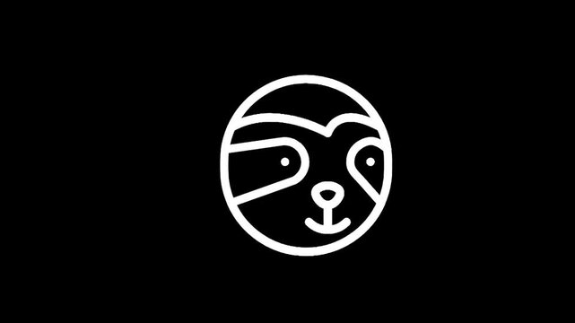 Minimalist white line art sloth face icon on a black background, simple and clean design