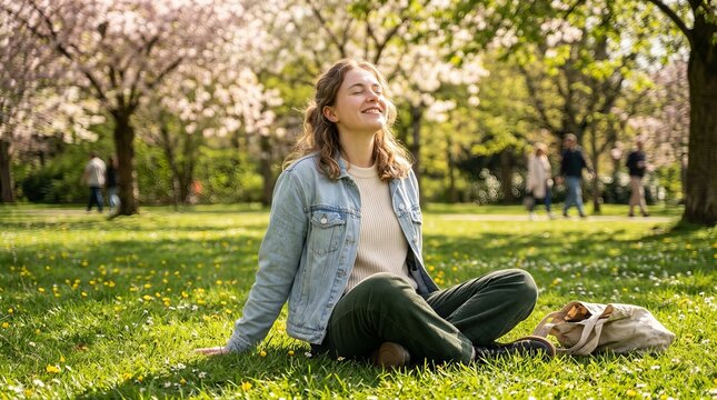 Happy young woman relaxing on lush green grass during a sunny spring day.