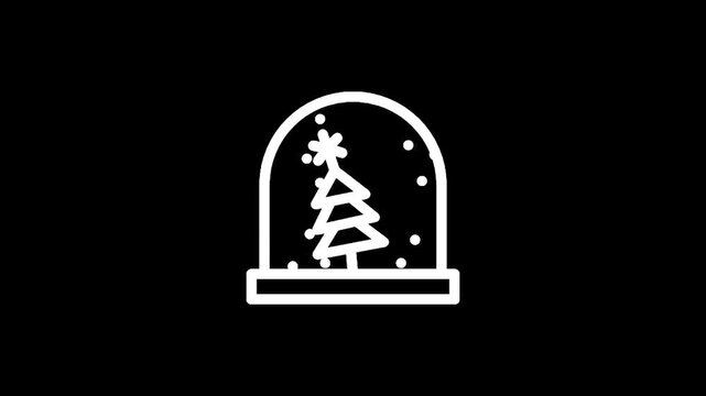 Simple white line art icon of a snow globe with a Christmas tree inside on a black background