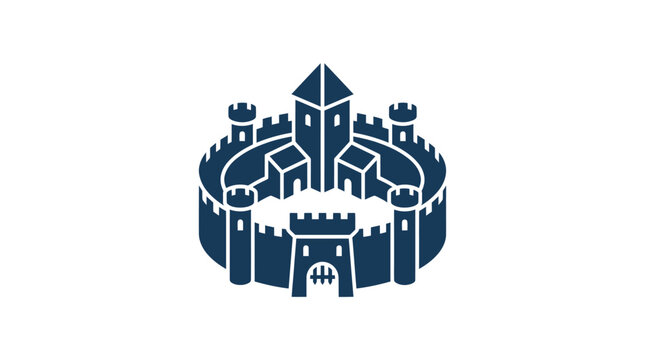 Dark blue castle crown logo symbol.