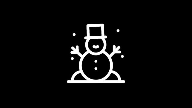 Simple line art snowman with top hat and falling snow on black background