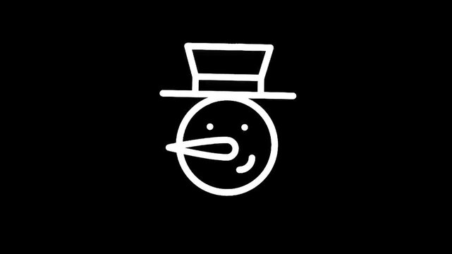 Simple white line art snowman icon with hat and carrot nose on black background