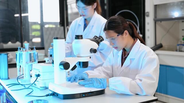 Young scientists conducting research investigations in a medical laboratory, a researcher in the foreground is using a microscope in laboratory for medicine.