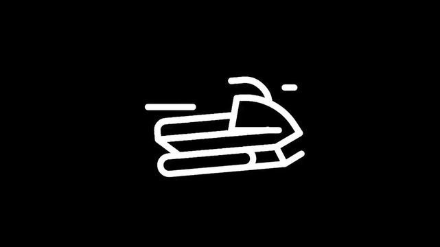 Simple white line art icon of a snowmobile in motion on a black background