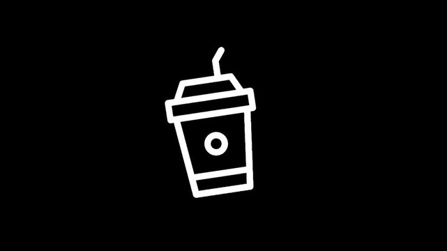Simple white line art icon of a disposable coffee cup with a straw on a black background