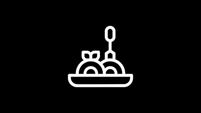 Simple white line art icon of spaghetti with meatballs on a plate with a fork