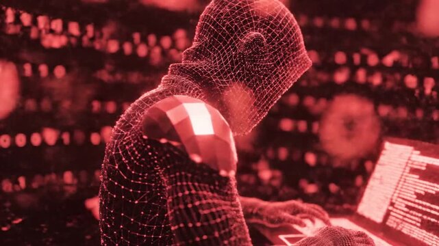 Red digital humanoid hacker working on laptop with binary code background and cyber security concepts