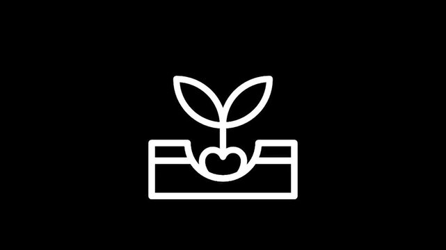 Simple white line icon of a seedling sprouting from a seed in soil