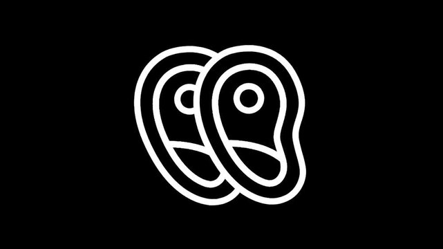 Two raw beef steaks with bone in, simple white outline icon on black background