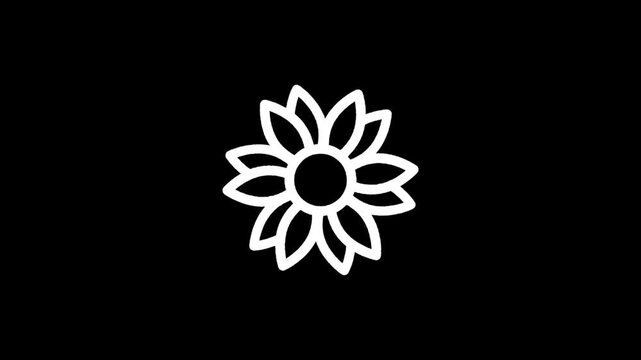 Simple white sunflower icon on a black background, minimalist design