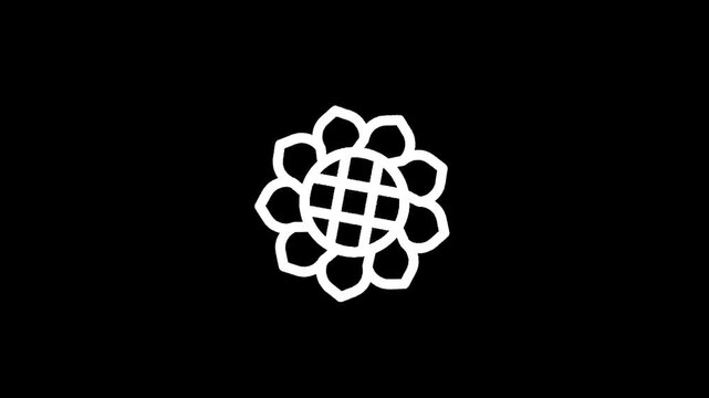 Simple white line art sunflower icon on a black background, minimalist design