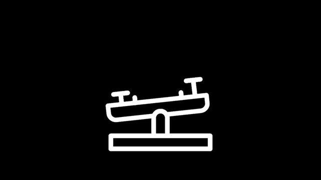Simple white line icon of a seesaw on a black background, representing balance and childhood fun