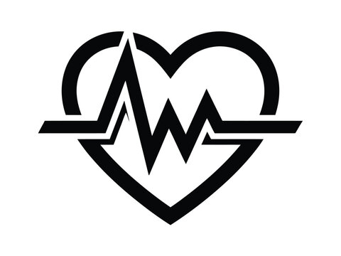 A minimalist black and white icon depicting a heart shape with an integrated heartbeat pulse line suitable for medical themes and world heart day events