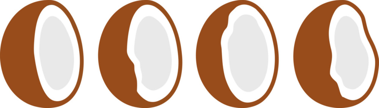 A sequence of four tropical coconut halves shows the natural texture of fibrous brown husks and creamy white meat arranged horizontally for culinary projects that require fresh organic fruit