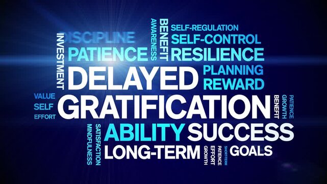 Delayed Gratification animated word cloud-text design animation tag kinetic typography seamless loop.