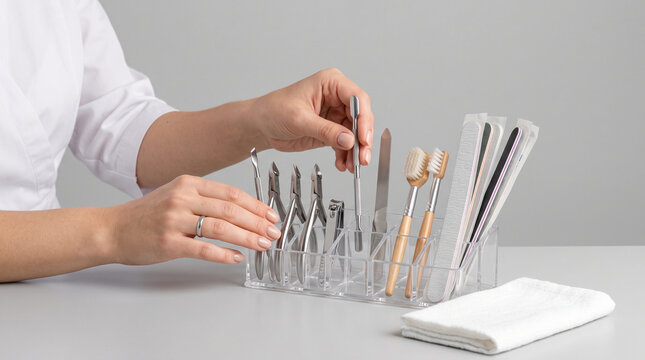 Manicure Specialist Organizing Professional Steel Nail Tools in Acrylic Stand Holder