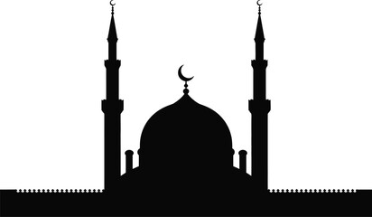 Black and White Silhouette Vector Illustration of a Mosque featuring elegant Islamic architecture and spiritual symbolism © ABCAFIF