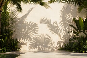 Fototapeta premium Tropical palm shadows and lush foliage on white wall with swimming pool