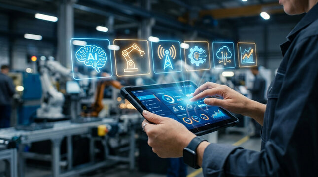 Factory worker using tablet with futuristic AI and robotics interface overlay