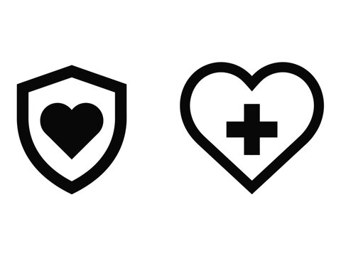 Minimalist black and white icon set representing world heart day featuring a protected heart symbol and a medical cross inside a heart shape design