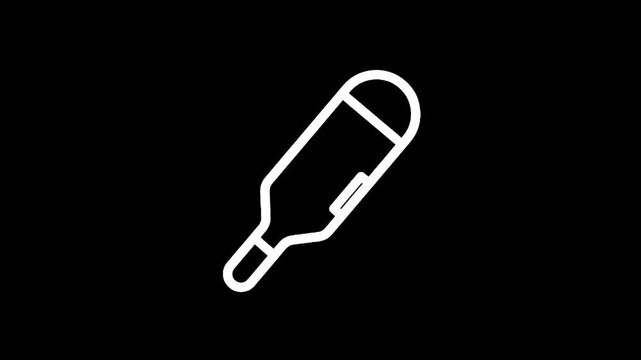 Simple white line icon of a medical thermometer on a black background