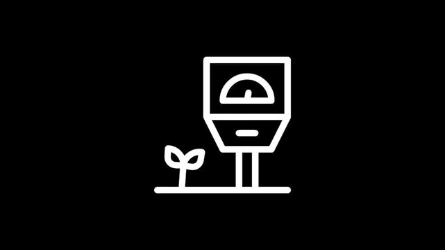 Simple line art icon of a soil meter next to a small plant sprout in dark soil