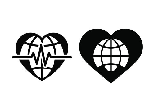 Minimalist black and white vector icons representing world heart day featuring a globe inside a heart shape with an electrocardiogram line for medical awareness