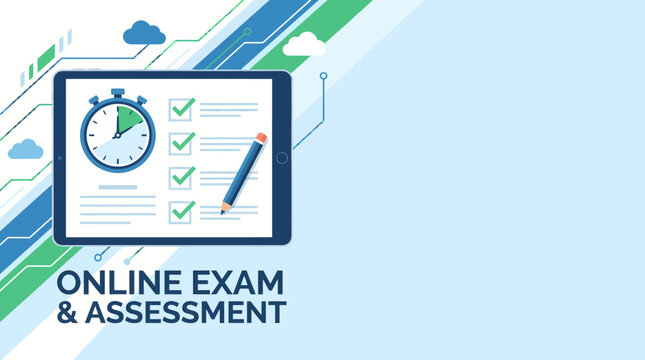 Online Exam & Assessment Concept: A digital tablet displays an online exam with a checklist and timer, symbolizing remote testing and evaluation in a modern, tech-integrated environment.