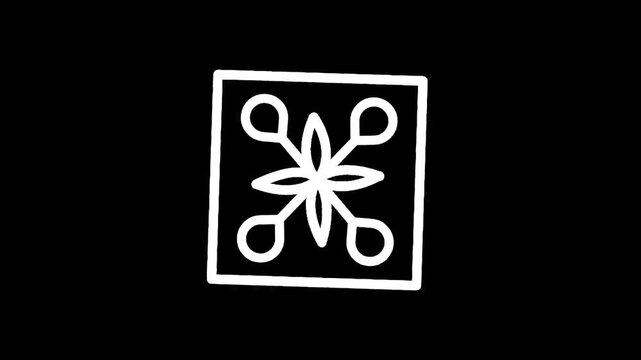 Simple white line art of a geometric floral motif within a square frame on black background