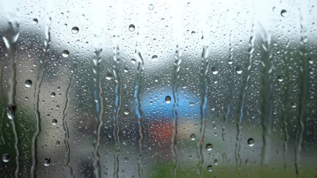 Close up of raindrops on glass, raindrops sliding off the glass outside the window