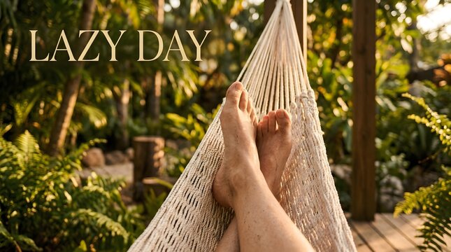 Person relaxing in a woven hammock outdoors with lifestyle outdoors vacation