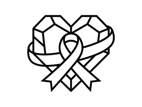 A black and white line art illustration of a geometric heart shape wrapped with a awareness ribbon for the annual global event world heart day