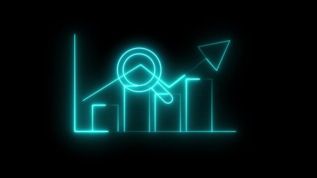 Neon glowing bar graph with magnifying glass and upward trending arrow symbolizing growth Financial Performance, Market Research, Data Analysis, Statistics and Motion Graphics..