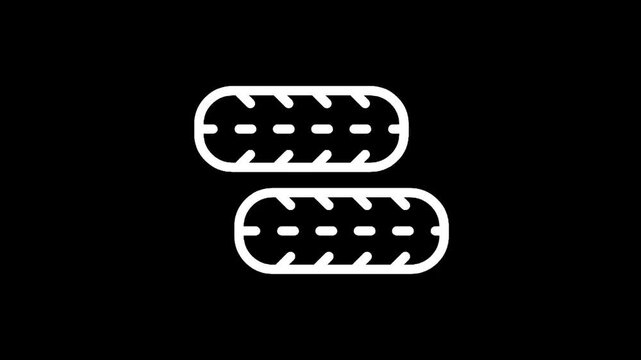 Two white tires with tread pattern and dashed lines on a black background