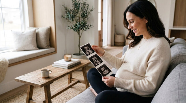 Pregnant woman looking at ultrasound sonogram photos, beaming with joy at home