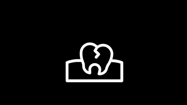 Simple white line icon of a cracked tooth in gums on a black background