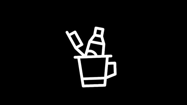 Simple line art icon of a mug holding a pencil and a bottle against a black background