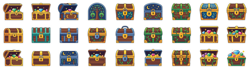 Collection of fantasy treasure chests with gems and gold © baktiar