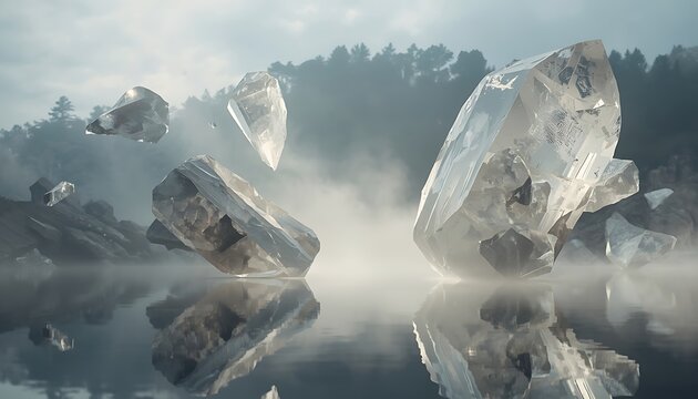 Surreal landscape with giant floating crystals hovering over a misty reflective water surface with forest background