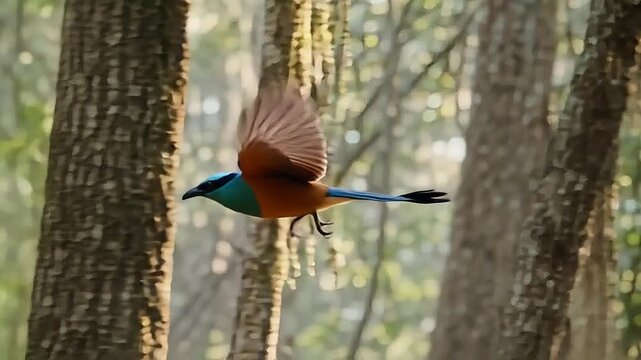 Vibrant turquoise-browed motmot bird perched on mossy branch. Exotic Central American avian resting in lush tropical rainforest habitat.
