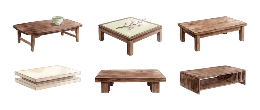 Japanese low wooden table set watercolor illustrations isolated on black background, traditional Asian Zen tea chabudai furniture design, minimalist rustic wood table clipart set for interior design