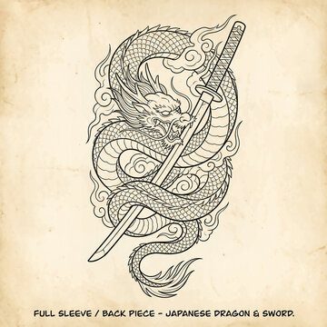 Traditional Japanese dragon wrapping around a katana sword full sleeve tattoo line art