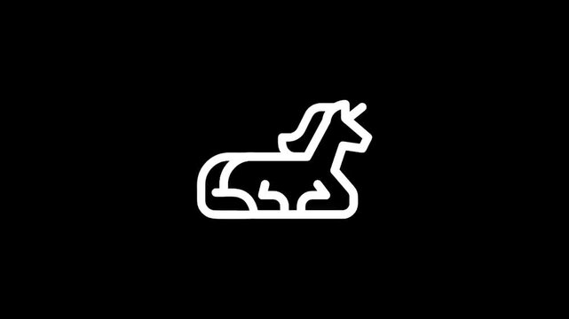 Minimalist white unicorn icon resting on a black background, simple line art design