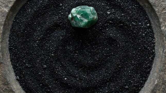 Raw emerald gemstone on black volcanic sand, unpolished green crystal in stone bowl, natural mineral specimen for jewelry design and meditation