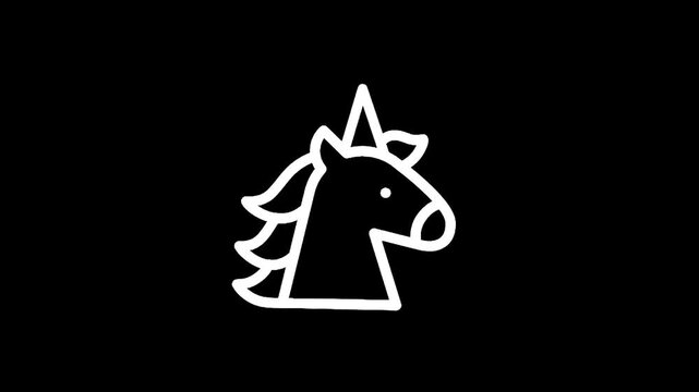 Simple white unicorn head icon on a black background, minimalist design